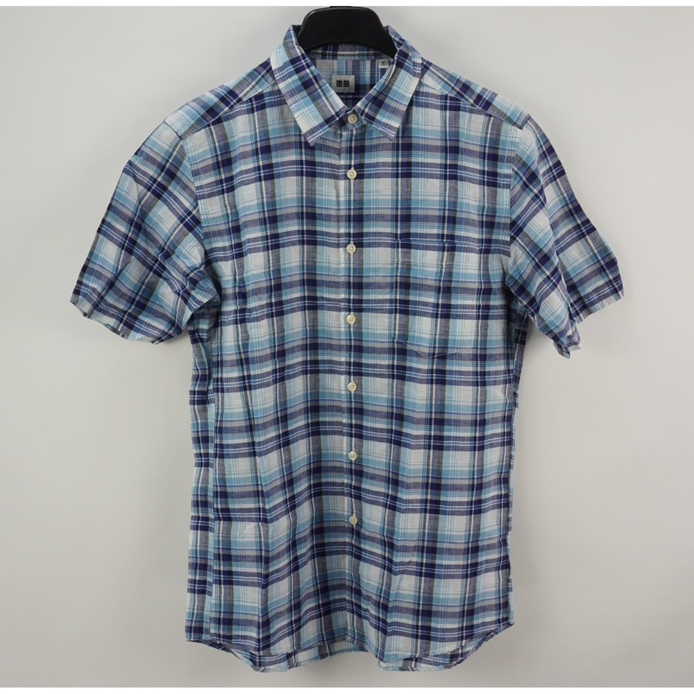 Uniqlo Linen Blend Lightweight Semi-Sheer Summer Shirt Men's Medium Blue Plaid